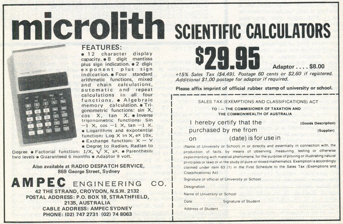 My original calculator Microlith Scientific from HK, I was studying electronics at Mt Lawley Tech (“TAFE”) in my medical intern year. 🥲These vintage collector’s items are almost 50 years old ! Hard to believe! @MarshallC_UWA ($29.95 then would be $252 in 2023).