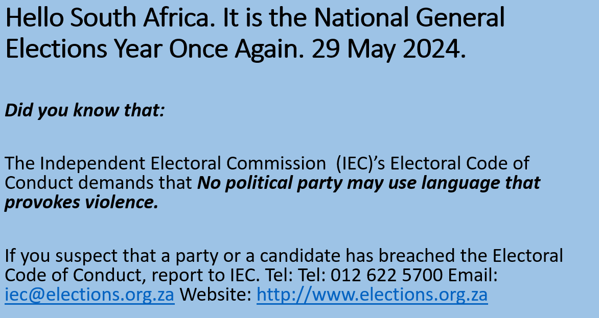 Sign the petition to promote the IEC Code of conduct and discourage Hate Speech in the upcoming elections. Link: awethu.amandla.mobi/petitions/no-t…