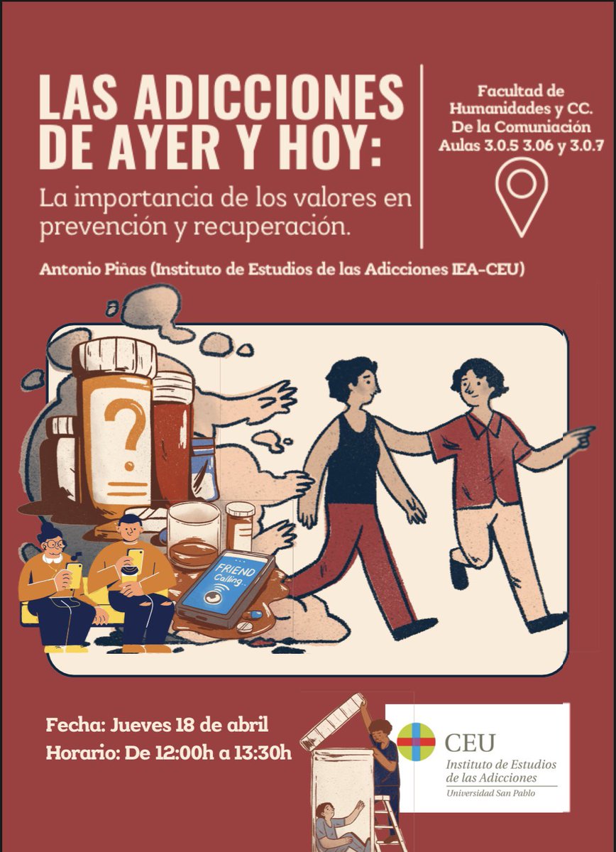 IEA_CEU's tweet photo. Os recordamos que este próximo jueves 18 de abril tendrá lugar en la Facultad de Humanidades de la @USPCEU la charla “Las adicciones de ayer y hoy” liderada por Antonio Piñas. ¡Os esperamos el jueves a las 12h! https://t.co/uEEwppWnoL