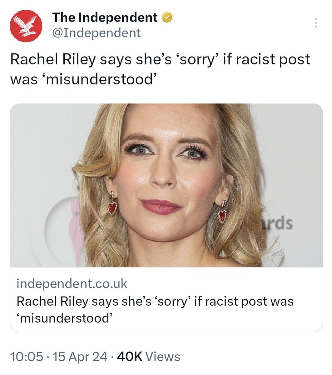 .@RachelRileyRR is 'sorry' people 'misunderstood' her racist post. She is not sorry that she made a racist post in the first place. How people continue to take her seriously is astonishing.