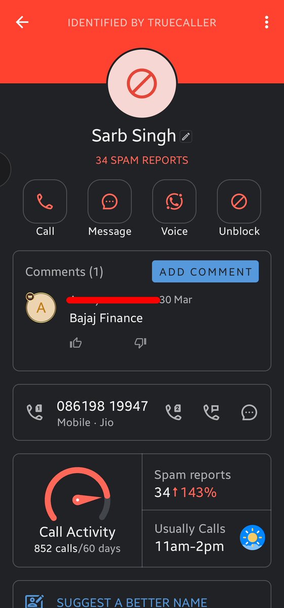 #WarAgainstSpammers Finance fraudster Sarb Singh using 08619819947, a @reliancejio customer!@TRAI@AshwiniVaishnaw@DoT_India (TAKE ACTION, No STD reply). 852 calls in 60 days!! What KYC is done by Jio? How & WHY is this spamming number still in service?@Cyberdost