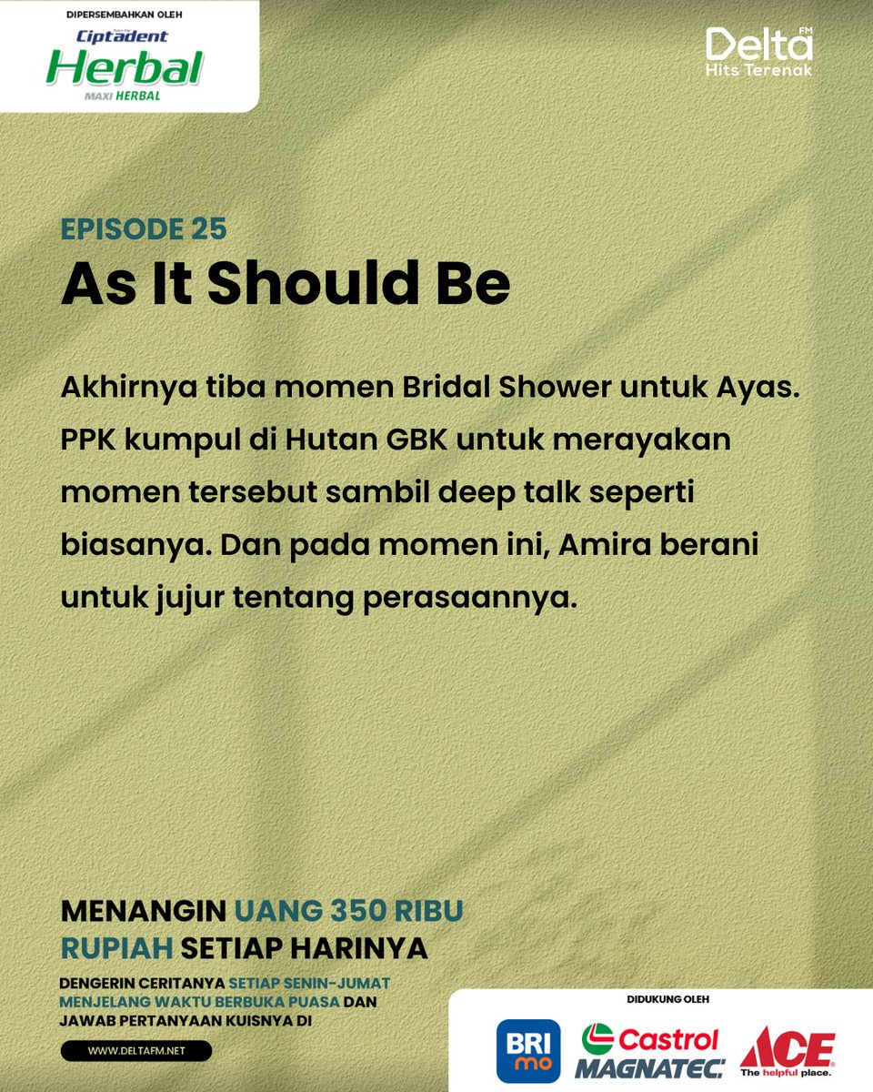 Uang THR udah mau habis? Nih mimin tambahin 350rb deeeh~

Tapi jawab ini dulu!
Dimana bridal shower Ayas diadakan?
A. HUTAN KOTA GBK
B. KEBUN RAYA BOGOR

Jawab pertanyaannya di deltafm.net lalu klik banner The Stories Season 4 ya!✨

#TheStories4
#TheStories