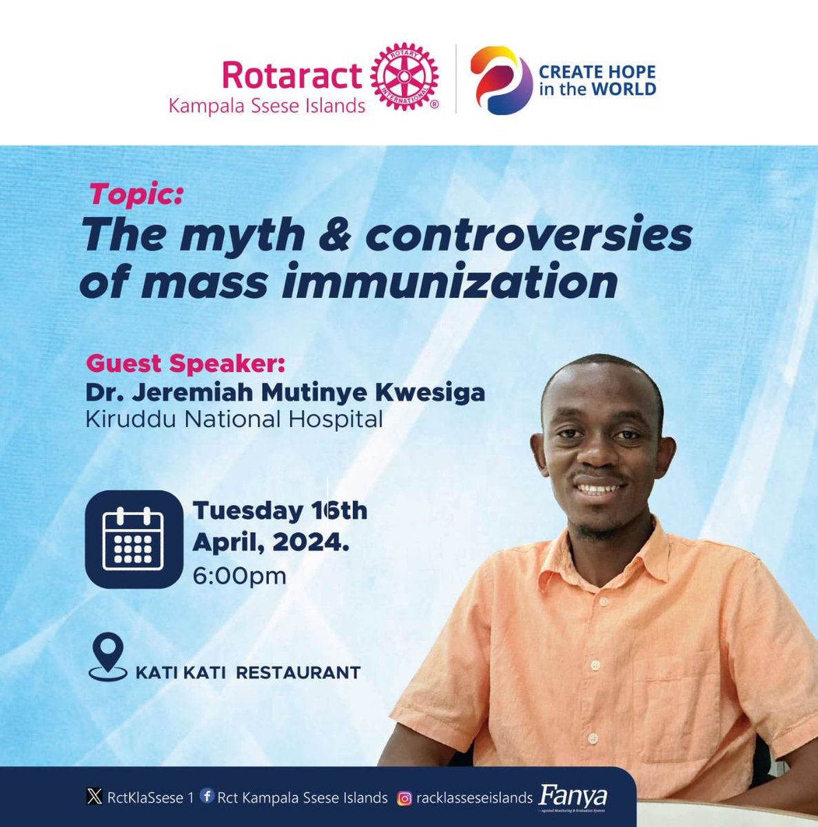 RctKlaSsese1's tweet photo. 🎊Mass Immunization 💫
Join us tomorrow Tuesday 16th April at Kati Kati restaurant 6-7 Pm as Dr.Jeremiah tackles the myths and controversies of mass immunization
#AndSseseAllOfUs
#SailorsCreatingHope https://t.co/vJj1fzJlga