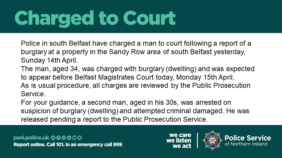 Our officers have charged a man to court following a report of a burglary in the Sandy Row area of Belfast.