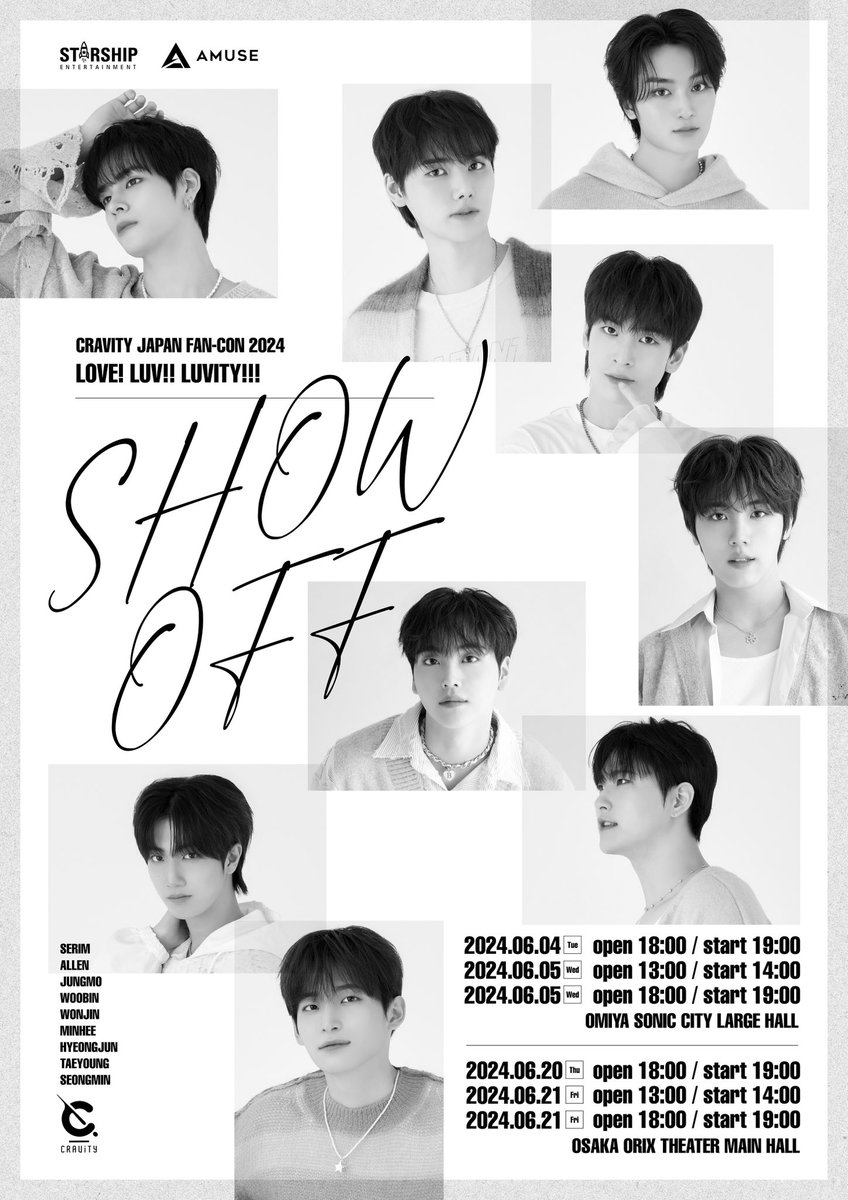 CRAVITY_JP's tweet photo. ［📢]
CRAVITY JAPAN FAN-CON <LOVE! LUV!! LUVITY!!! “SHOW OFF”>

2024.06.04(火),05(水) 埼玉
2024.06.20(木),21(金)  大阪

🎫 #LUVITY_JAPAN 2次先行受付中
4月16日(火)23:59まで

詳細▶️ https://t.co/q0T0S3y05D

#CRAVITY #クレビティ #크래비티 https://t.co/LPNT4A8Yb3