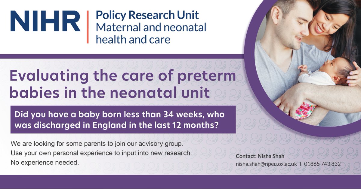 Would you like to help shape research about perinatal care and preterm birth? @NPEU_Oxford are looking for 2 parents to join their collaborative group. For more details get in touch with Nisha Shah at nisha.shah@npeu.ox.ac.uk