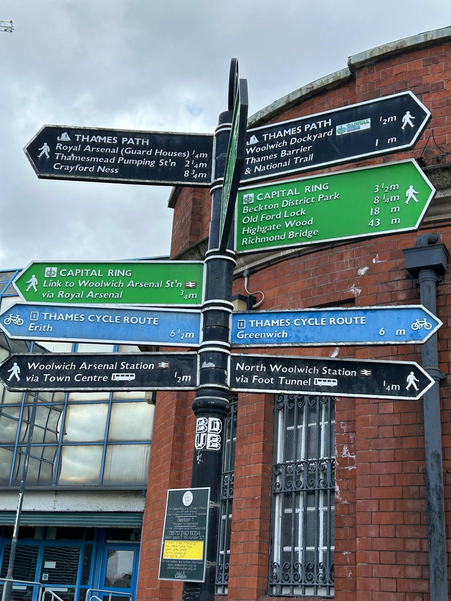 Sign fest at North Woolwich by the subway on the Thames path and Capital Ring! #signpost #thamespath #capitalring #nationaltrail #landscapephotography #Woolwich #subway #London #walk #riverthames Image © slambcreations