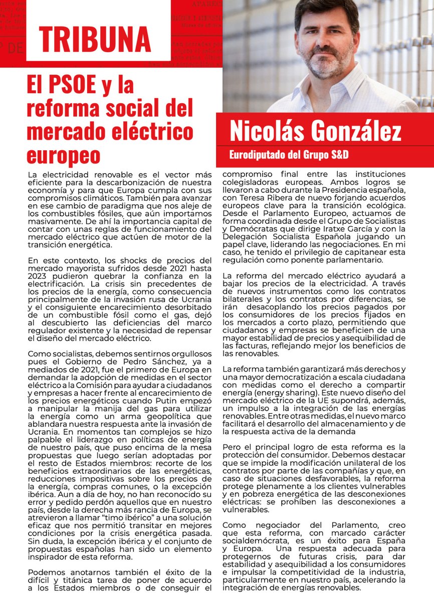 En #ElSocialista escribo sobre el papel del <a href="/PSOE/">PSOE</a> en la reforma del mercado eléctrico de la UE. 
Una reforma social y climáticamente justa con márchamo 🌹español.
mcusercontent.com/bac88d39ff9130…