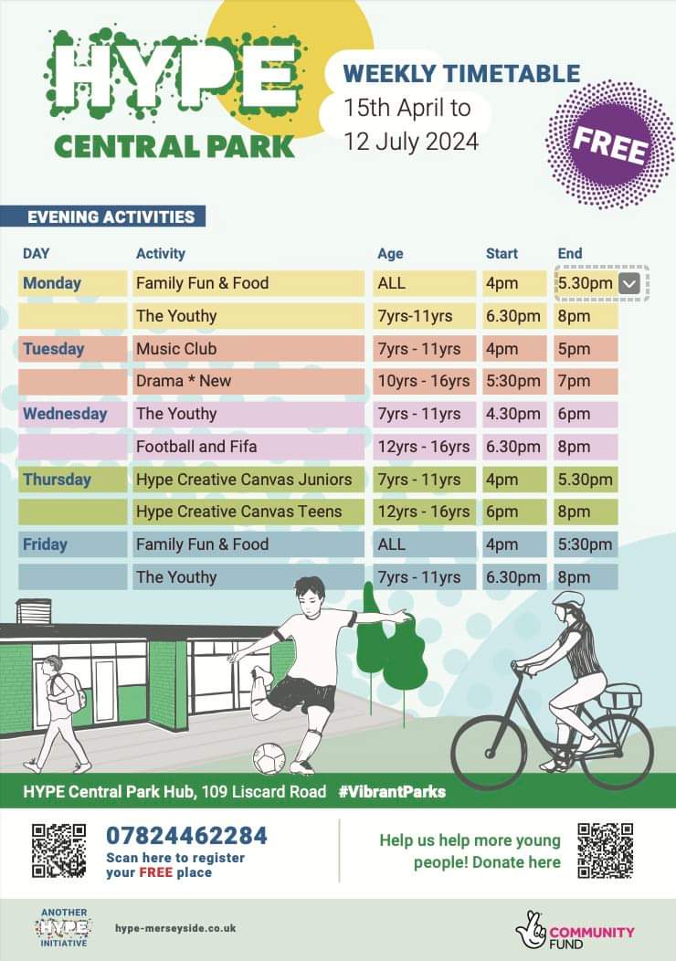 Evening activities for children and young people this summer term, FREE at our Central Park HUB! We are looking forward to seeing new and current members at the HUB this week 😀 @EgremontPrimary @Riverside_Pri @StJosephsW @LiscardPrimary @NewBrightonPS #centralparkHUB