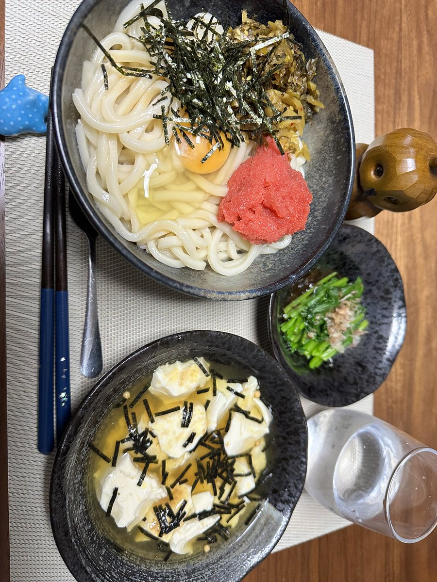 晩御飯はこちら
高菜明太釜玉うどん
ほうれん草のおひたし
お豆腐の冷やし茶漬け
#エオルゼア調理部