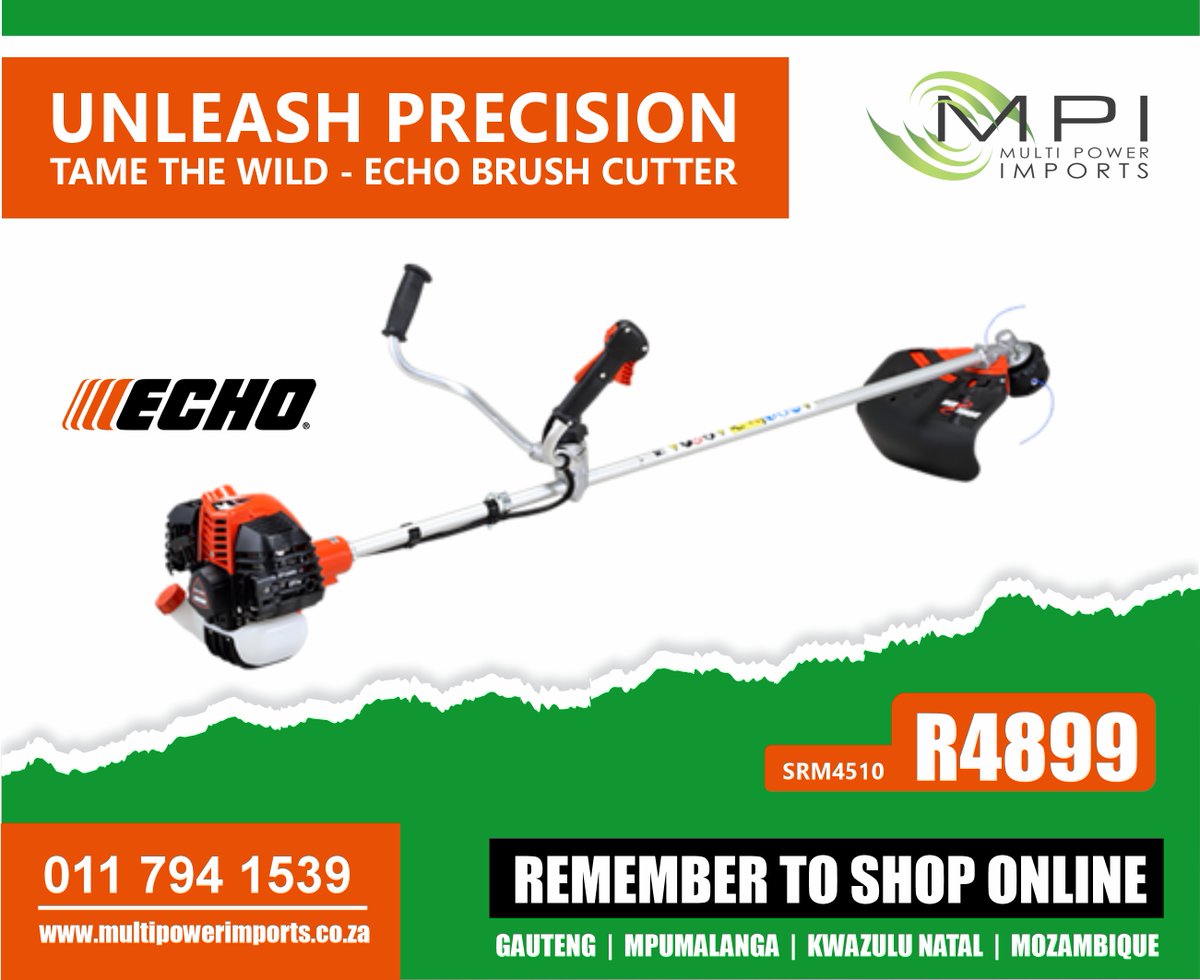 PowerImports's tweet photo. Echo SRM4510 Brushcutter
Introducing the Echo SRM4510 at an unbeatable price of R4899.00! Designed for maximum performance and durability. 
Shop Online now! Price excludes VAT. 
#MPI #FireSeasonReady #brushcutter #ShopNow #Hashtagonline https://t.co/uz73CXPxim