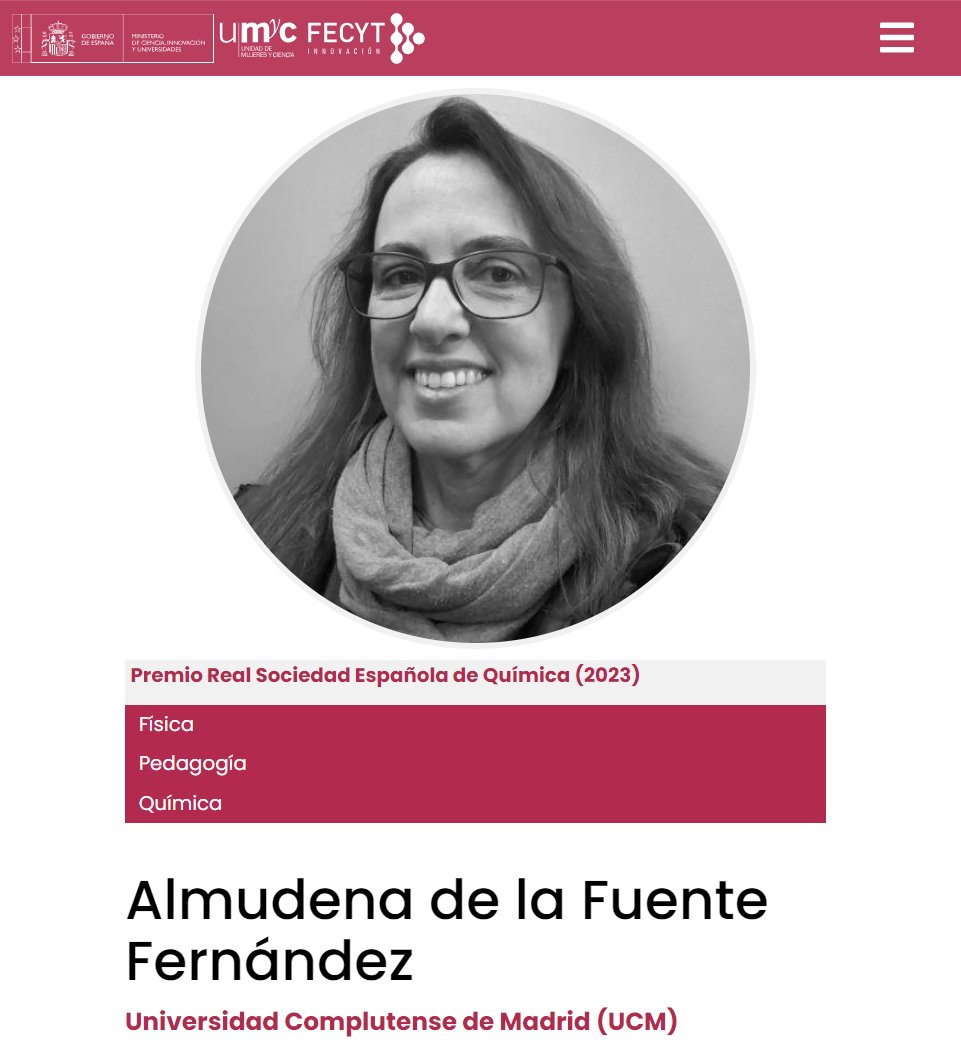 Hoy en #11F365 Almudena de la Fuente Fernández, Lcda. CC. Químicas, MSC. Investigación e Innovación educativas y Dra. Educación. Profesora #FísicaQuímica asociada en la @ucm_educacion de la @unicomplutense. Premio 2023 #TareaEducativa de la @RSEQUIMICA. cientificasinnovadoras.fecyt.es/cientificas/al…