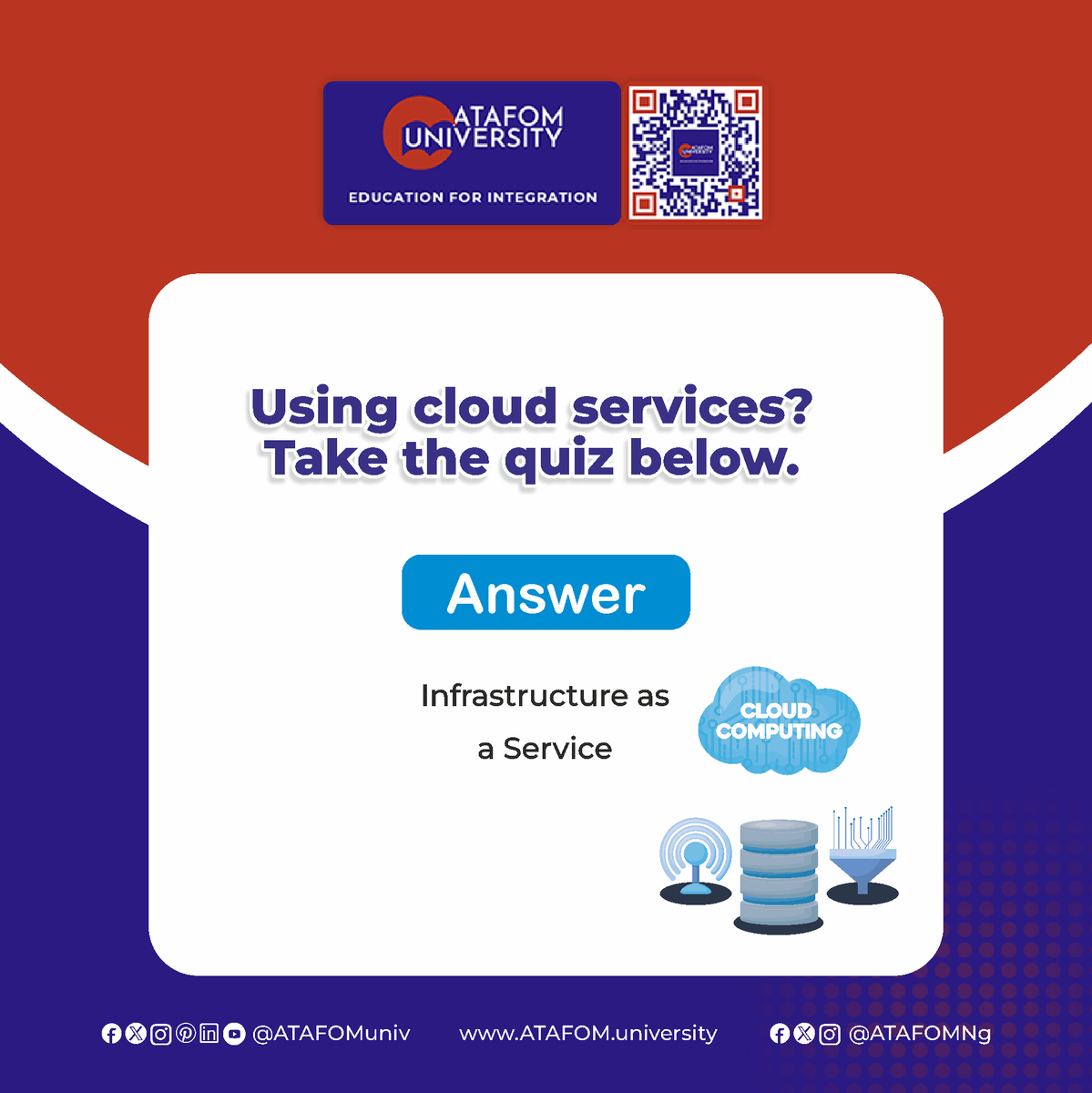 Using cloud services? Take the quiz below.🧠

Visit Our Website: ATAFOM.university

#ATAFOM
#ATAFOMuniversity
#onlineuniversity
#ATAFOMNg
#SakirYavuz
#QuizChallenge
 #PerfectTimingHolding
#EducationforIntegration #Education #ATAFOMLanguageAcademy #onlinecourses