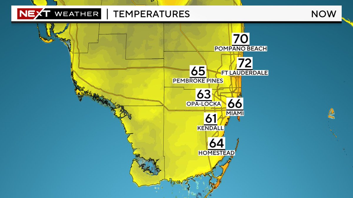 Nice start this Monday morning with 60s in #MiamiDade and low 70s along the coast in #Broward due to the East breeze. Highs climb to the low 80s this afternoon. Watch @CBSMiami