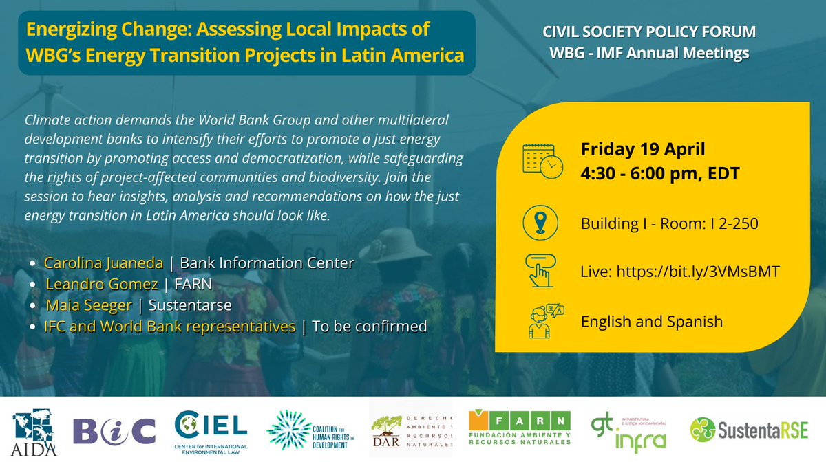 #SaveTheDate - This Friday, don't miss this #CSPF event where we'll discuss what devt banks like @WorldBank need to do to ensure the rights of local communities are protected in the context of #JustEnergyTransition projects. 🗓️Friday 19, 4.30 EDT time worldbank.org/en/events/2024…