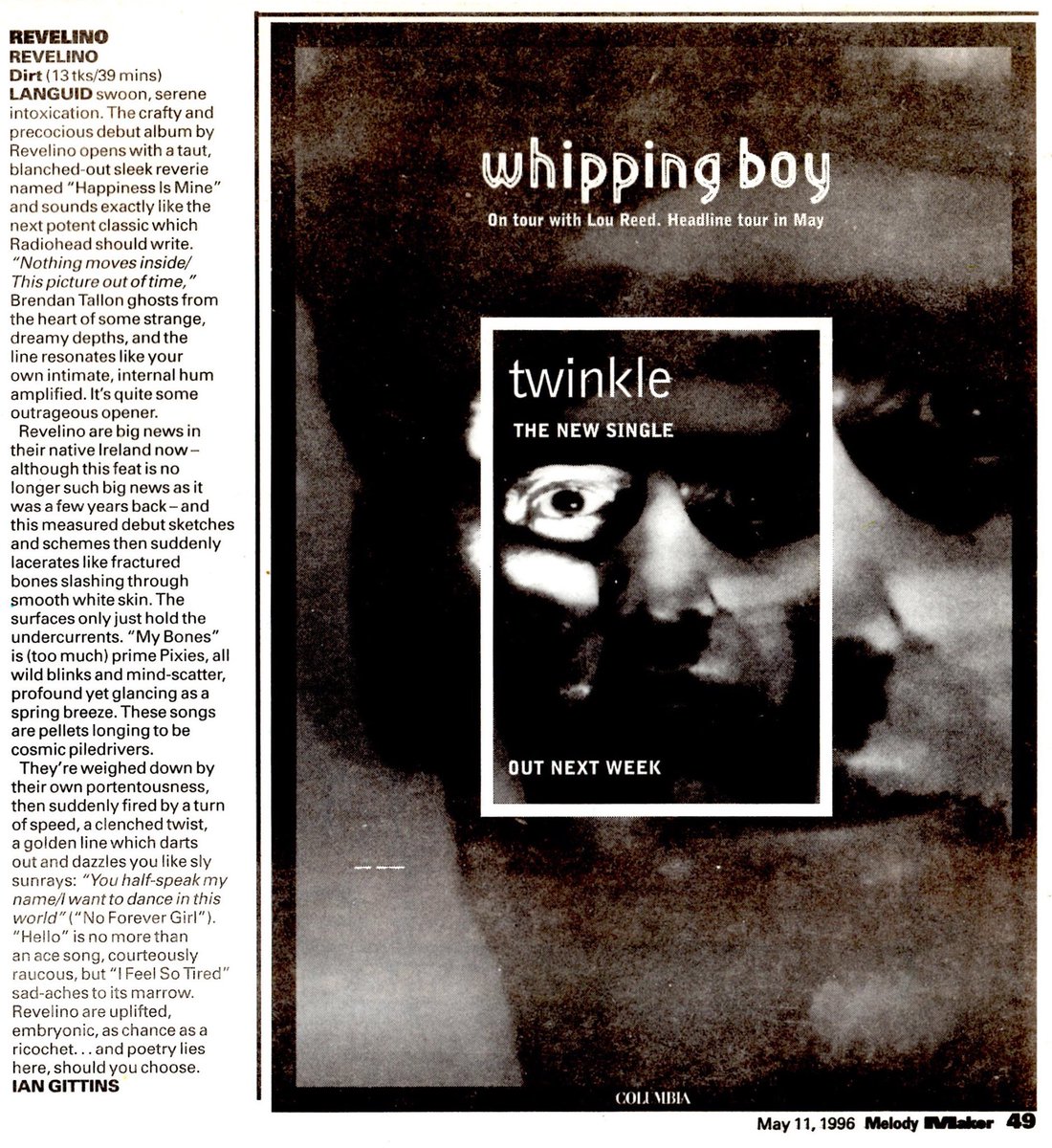 Two of the ultimate No Disco bands @WhippingBoyBand & @revelinomusic especially from Ireland, side by side in a Melody Maker page in 1995. Thanks to Revelino currently rereleasing their eponymous debut album for putting up this!