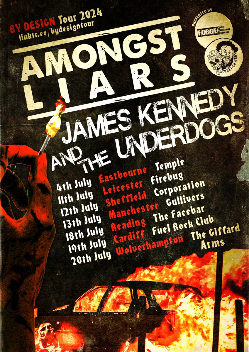 We are stoked to announce this mega tour featuring two of the very best bands in the U.K namely Amongst Liars and James Kennedy & The Underdogs! This will be incendiary, we can promise you! Get your tickets now as you would be mad to miss this. linktr.ee/bydesigntour