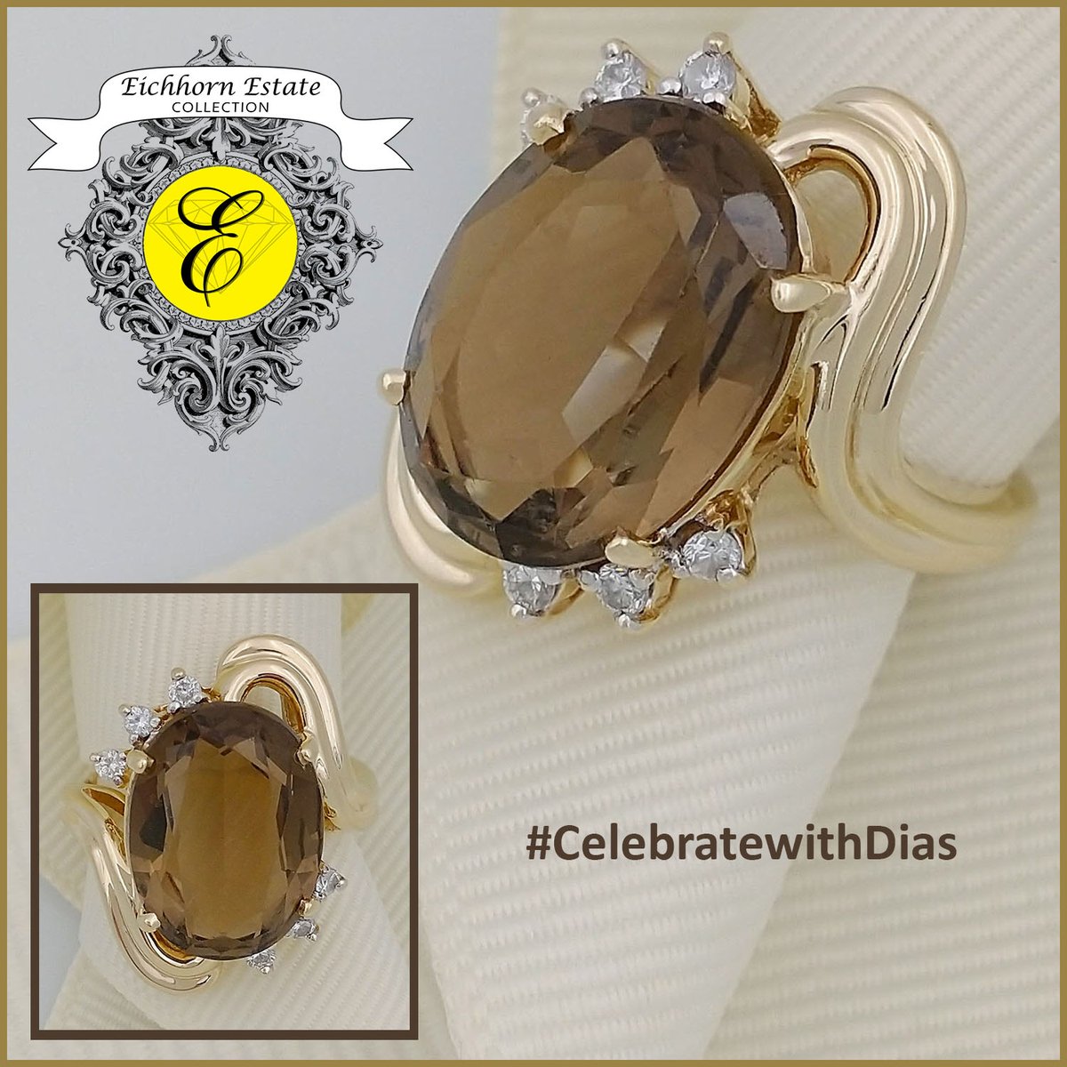 14K yellow gold Smoky Quartz Ring with 6 accent Diamonds, finger size 7. From Our Estate Collection $1,000. eichhornjewelry.com/estate-collect… #start2sparkle #alwaysthinkDIAMONDS #eichhornglow #1diamondatatime #CelebratewithDias #ColorWithYourDias #estatejewelry