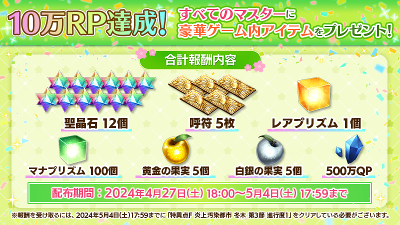 fgoproject's tweet photo. 【カルデア広報局より】
「FGO 春のWプレゼントCP2024！第2弾」のRP数が、10万RPを達成！
すべてのマスターに聖晶石12個や呼符5枚などをプレゼント！

配布期間：2024年4月27日(土) 18:00～5月4日(土) 17:59まで(予定)

ご参加いただいたマスターのみなさま、ありがとうございました！
詳しくは→https://t.co/83MYSBYIMI
#FGO