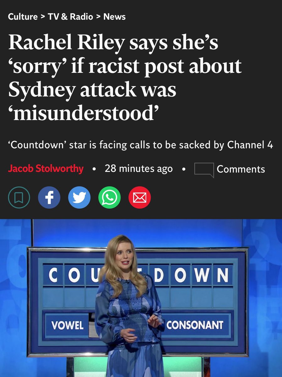 So I guess it’s fine @Channel4? She should face the consequences of her actions, she has form and is sorry until the next time! Stop making excuses for these people (racists like Frank Hester) and Islamophobes like Rachel Riley. Another example of white privilege!