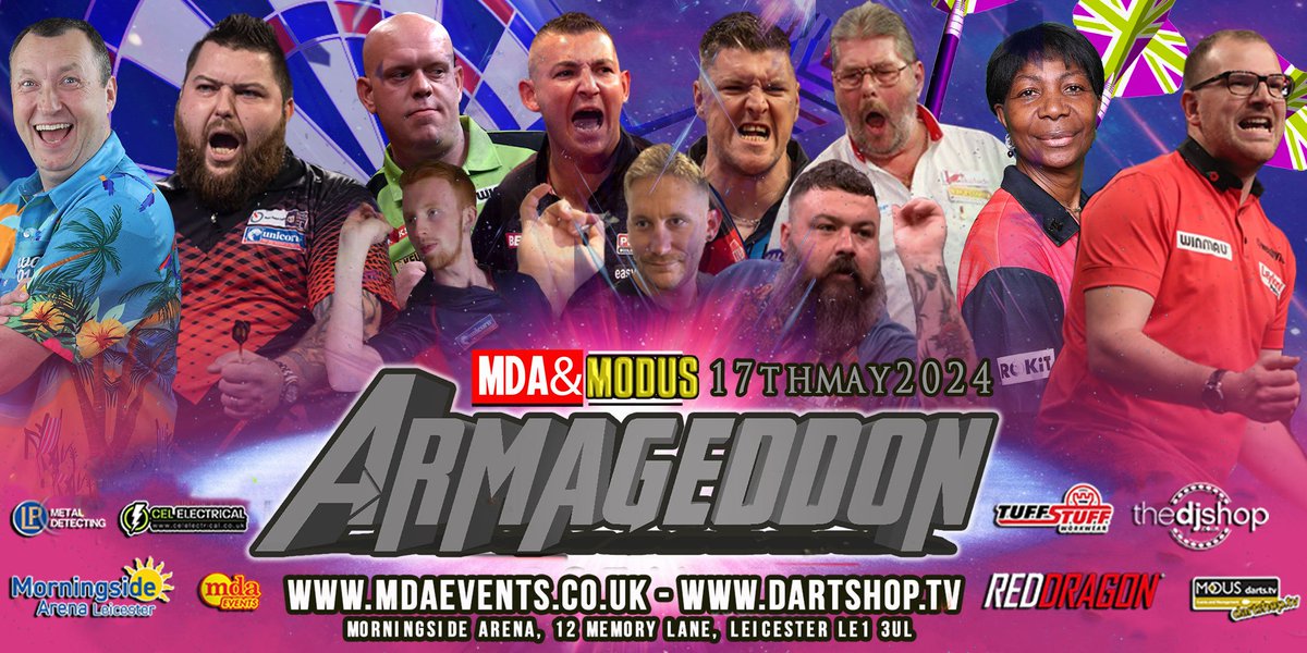 🎯 Brace yourself for ARMAGEDDON! Don't miss an epic event at Mattioli Arena Leicester! @MDAevents We have 2 tickets to GIVEAWAY! Comment and like this post to enter!!! Secure your seats now for an electrifying night of darts action on Friday 17th May! - bit.ly/ARMAGEDDON2024