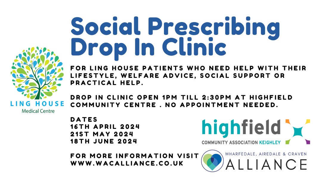 We are holding our monthly drop-in social prescribing session tomorrow at Highfield Community Centre for Ling House Medical Centre patients. No appointment is necessary, just pop in between 1pm and 2.30pm. #socialprescribing