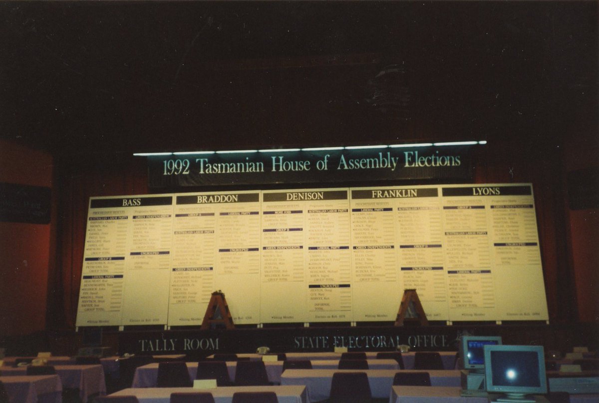Another old tally room, Tasmania 1992. When each electorate had a big board that they pit the numbers on. Was all video screen last month in Hobart.