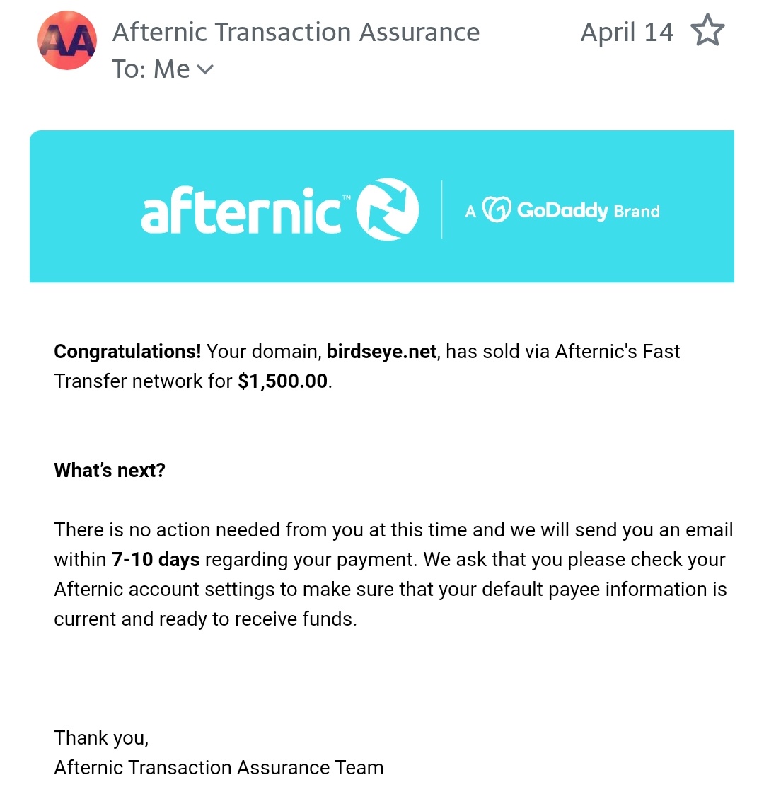 SOLD for $1,500 Purchased $59, September 2019 #afternic #godaddy