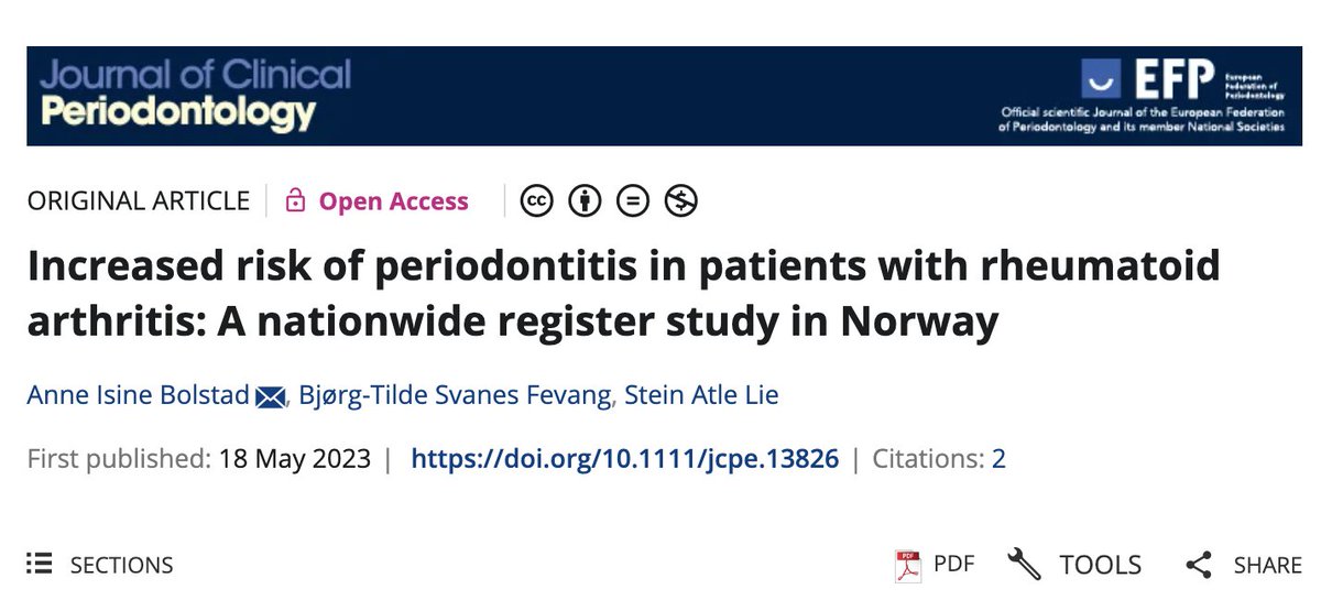 Increased risk of #periodontitis in patients with rheumatoid #arthritis: a nationwide register study in Norway - read this open-access article by Anne Isine Bolstad et al published in the JCP. #EFPerio #JCPbyEFP #periodontology
tinyurl.com/a424y78e