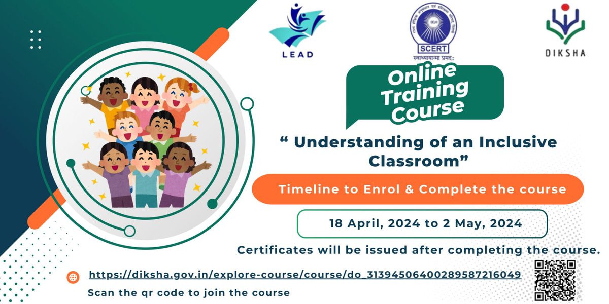 SCERT Delhi has launched an online training on Understanding of an inclusive classroom via the DIKSHA lead portal. Enrollment and completion timeline is from April 18th - May 2nd, 2024. Circular link: shorturl.at/hnz58 DIKSHA link: shorturl.at/gpwO3