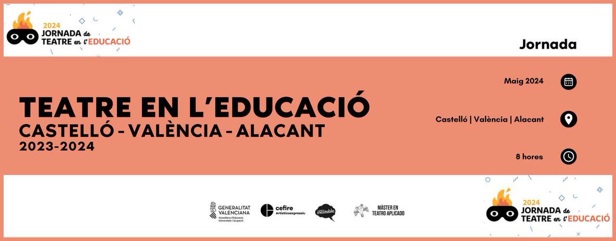 💥🔊 Ja està oberta la inscripció de les jornades formatives ”Teatre en l’educació” a València ‼️

⌛ 8 hores
➡️ València. 25 de maig

Continua oberta la inscripció en:
📍Castelló. 10 i 11 de maig
📍Alacant, 10 i 18 de maig

➕TOTA la ℹ️ i ✍🏻👇🏻
🔗 bit.ly/4cQq5Ls