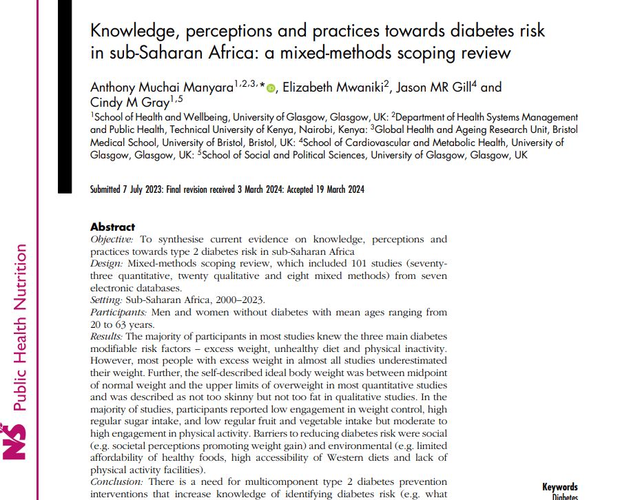 Our New publication in Public Health Nutrition @NutritionSoc @CUP_med_health Knowledge, perceptions and practices towards #diabetes risk in sub-Saharan #Africa: a mixed-methods scoping review @JasonGill74 @CindyGrayGlas 🔗doi.org/10.1017/S13689…