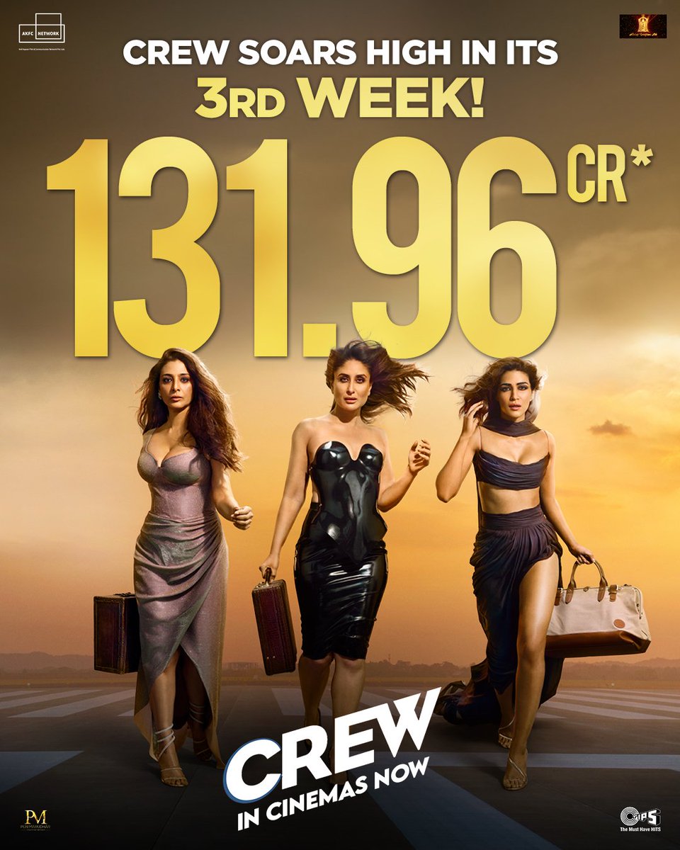 #Crew continues its outstanding run with strong 3rd weekend against big films! Collects ₹2.35 Cr. India Net and ₹4 Cr. gross Worldwide on Saturday, Day 16! Total gross worldwide reaches to ₹131.96 Cr! @EktaaRKapoor @RheaKapoor #Tabu #KareenaKapoorKhan @kritisanon…