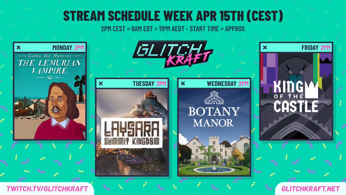 Got an awesome week of neat indies ahead of me! 👉Mon: Case of the Golden Idol DLC and starting Sky: Children of Light (free on Steam btw!) 👉Tue: @QuiteOKGames Laysara Summit Kingdowm 👉Wed: @BotanyManor 💤Thu: Day off 👉Fri: @kotc_game King of the Castle! Join us! Link->Bio!