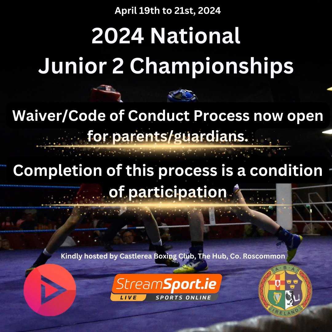 Parents/guardians of Junior 2 Championship boxers - the waiver/code of conduct process is now open. Completion is a condition of participation: shout.com/s/J1Iuz3Ox For clubs and coaches, draw to tomorrow's draw is available here iaba.ie/waiver-code-of…