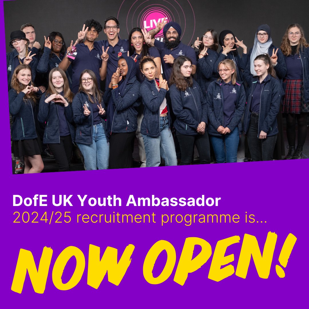 DofE's tweet photo. 📣 Our UK Youth Ambassador Applications are now open 📣 

If you’re passionate about the DofE and want to play an integral role in giving young people a voice – we'd love to hear from you! 🎤 

Apply now: 
https://t.co/dns4zTJCIv https://t.co/2iqJmH3Bqo