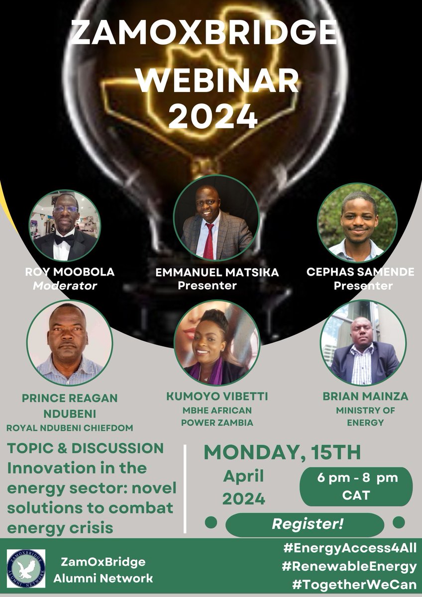 zamoxbridge's tweet photo. Join us today at 6 pm #Zambia time to discuss alternative solutions current #EnergyCrisis in #Zambia &amp; #SADCRegion. 
Innovation in the energy sector: novel solutions to combat energy crisis

Register in advance:
https://t.co/twNexlGVV1 

#EnergyAcces4All
#Solar
#HydroKinetic https://t.co/AAfljH8pBZ