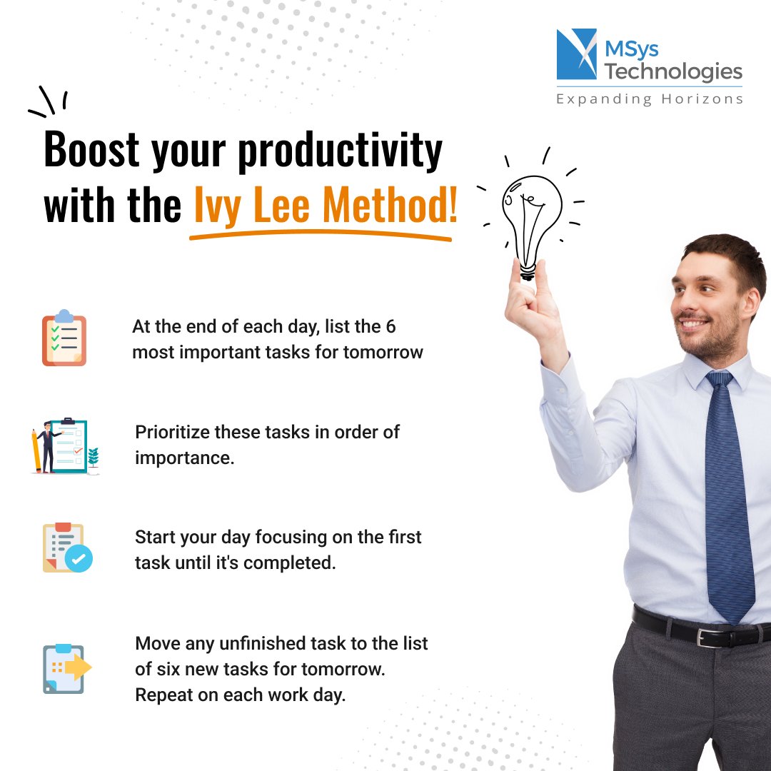 AziroTech's tweet photo. Crush your to-do list!
The Ivy Lee Method helps you prioritize like a pro, focus like a laser, and enhance your productivity prowess.
Let's turn those goals into victories.
#ProductivityHacks #IvyLeeMethod #ProductivityTip #WorkplaceProductivity #MSysTechnologies https://t.co/fMWYyNNqcx