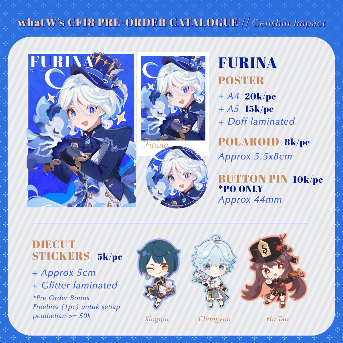 [Like & RTs are appreciated💙] CF18 PO (OTS/Mail Order) OPEN 15-21 APRIL! Booth: origamidragon (J30) DAY 1 ONLY Fandoms: Genshin, HSR, PRSK, Animals, etc 🔗 forms.gle/xcwNtZe7pjG6th… Full catalogue in replies! #Comifuro18 #CF18 #Comifuro18catalogue #CF18catalogue
