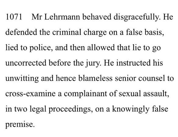 Have any media outlets quoted Justice Lee’s strong finding that Mr #Lehrmann behaved disgracefully through the original trial?