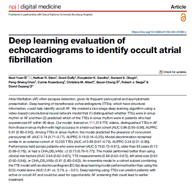 Deep learning of ECGs can help identify patients with hidden #atrialfibrillation better than predictions based on clinical risk factors & echo measurements. This may offer additional opportunities to guide patient screening & support early intervention. nature.com/articles/s4174…