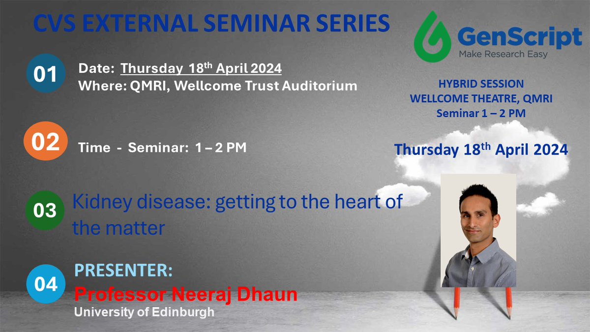 Join us for another exciting #CVSExternalSeminar Thursday 18th of April 2024 between 1-2PM at the QMRI, when we'll have Professor @EdinburghBean giving a PI update Title: Kidney disease: getting to the heart of the matter Moderator: Marie de Bakker