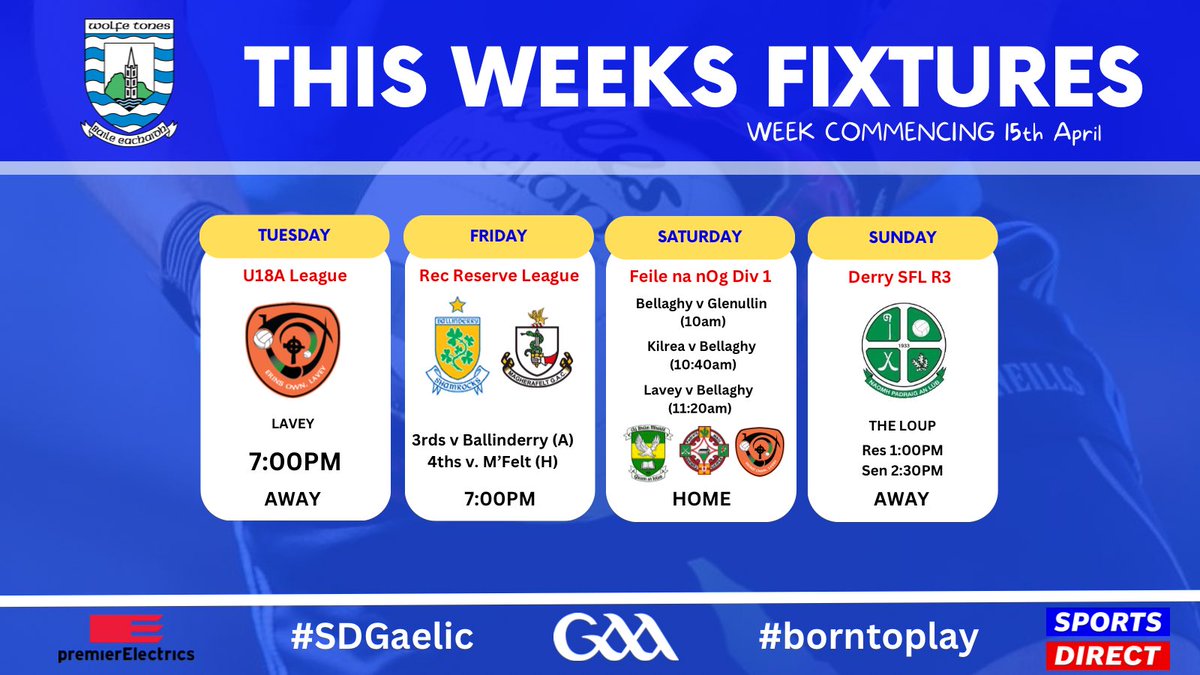 🏐 | Football Fixtures - Tues | U18 league - Friday | Rec Reserve League - Sat | Feile na nOg - Sun | Senior & Reserve League #SDGaelic #borntoplay