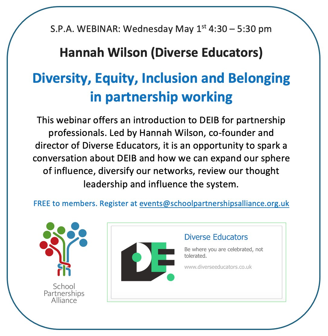 Happy start of Summer Term! We have a full agenda of events ahead. This webinar from Hannah from @DiverseEd2020 should be both informative and thought provoking - don't miss it!