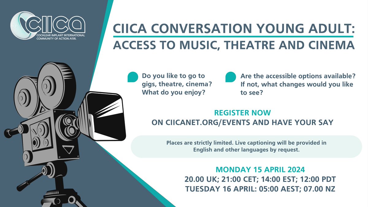 Join the conversation and share your experiences, good and bad, about music, theatre, and cinema! Don't miss out - tonight, April 15th, 8pm UK time. Secure your spot now! us02web.zoom.us/meeting/regist…

#Accessibility #HearingLoss #CochlearImplants #CIICA