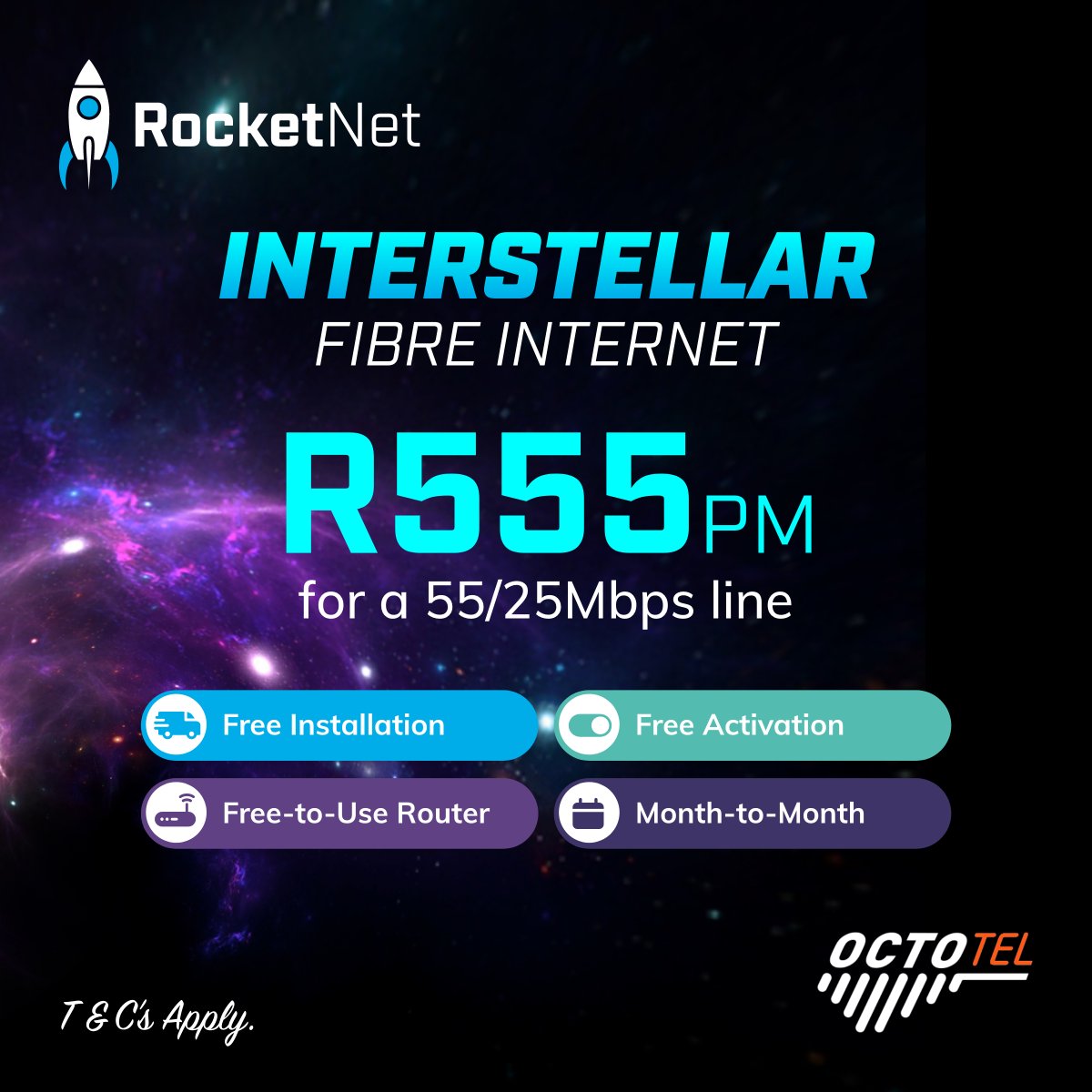 Elevate your internet experience with <a href="/rocketnetza/">RocketNet</a> 's promotion of the 55/25 fibre package for only R555 per month!