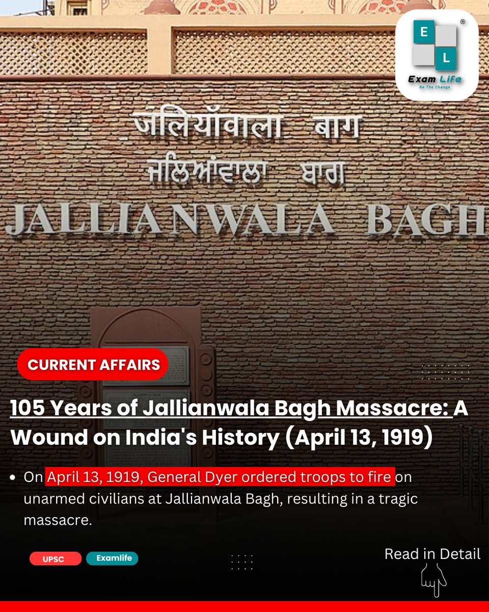 👉105 years of Jallianwala Bagh Massacre: A Wound on India's History (April 13, 1919)

Read in Detail:👇
tinyurl.com/upsccurrentaff…

#Examlife #Mains #upscexam #news #upsctips