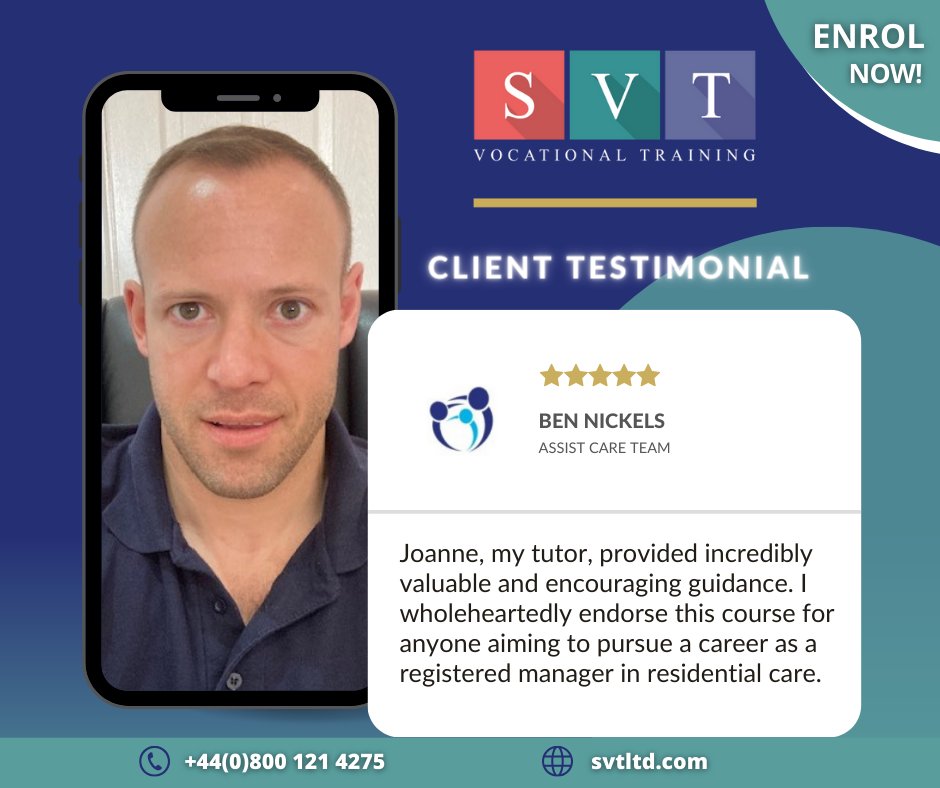 We are pleased to announce that Ben Nickels from Assist Care Team has successfully completed his City & Guilds Level 5 NVQ Diploma in Leadership and Management for Residential Childcare with SVT. Congratulations, Ben 🙌 Call the SVT team for details on +44(0)800 121 4275 #svtltd