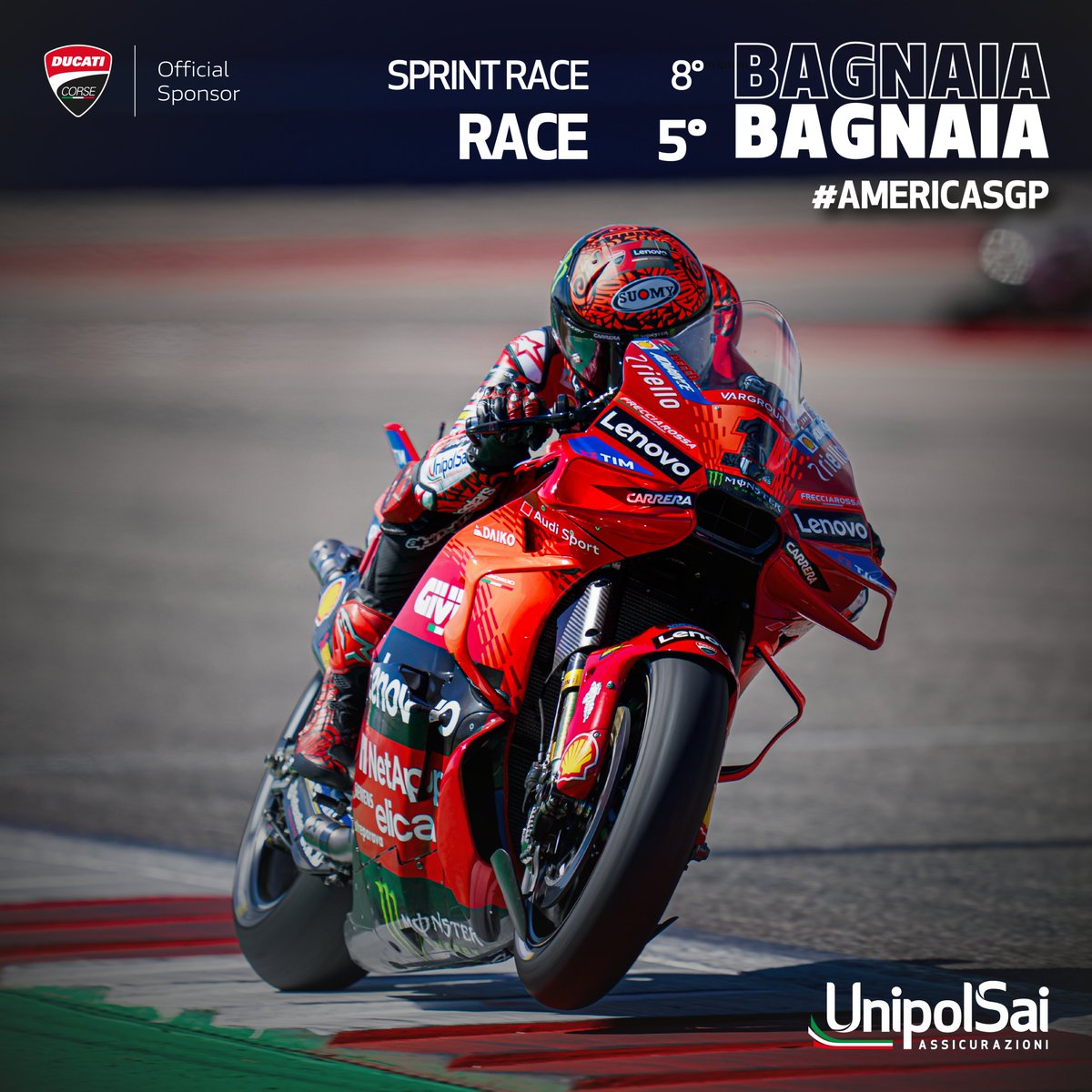 Excellent performance of @Bestia23 in the #AmericasGP! In the 2nd half of the race he bridged the gap with the front runners and scored a 3rd-place finish. 🥉🏁 @PeccoBagnaia was 5th after a good first part of the race. See you at👉#SpanishGP 🇪🇸 Always #ForzaDucati🔴