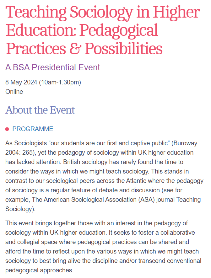 Registration now open for 'Teaching in Higher Education: Pedagogical Practices and Possibilities', a @britsoci event that I'm organising with @CarliRiaRowell 8th May, online Register here: britsoc.co.uk/events/key-bsa…